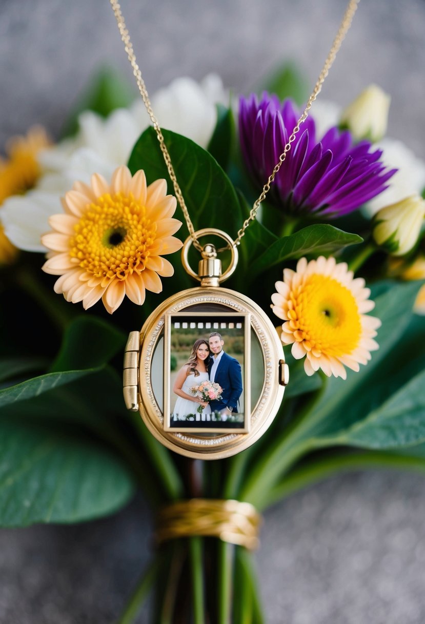 A bouquet of flowers with a small locket attached, containing a photo of a loved one