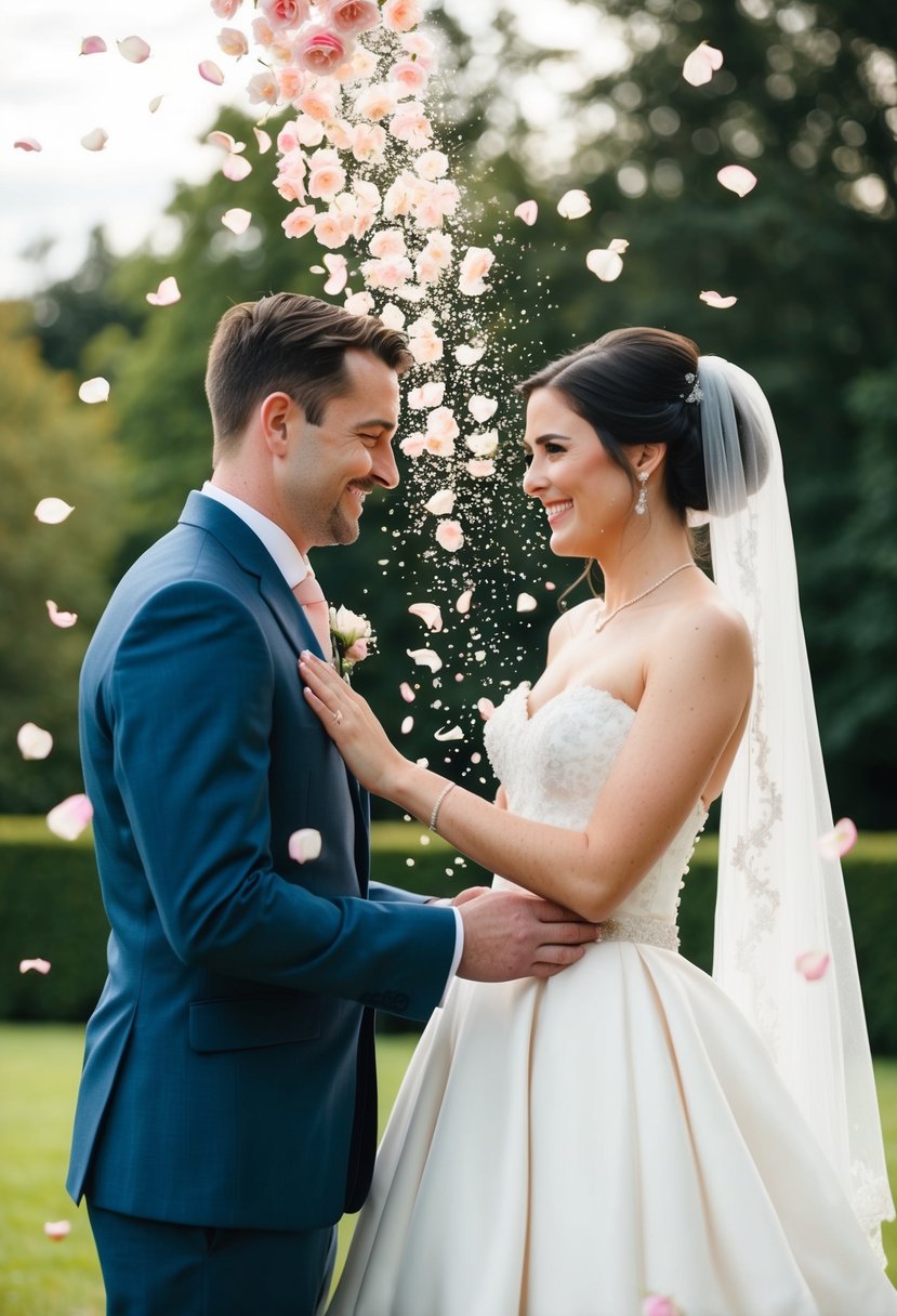 A bride and groom standing under a shower of rose petals