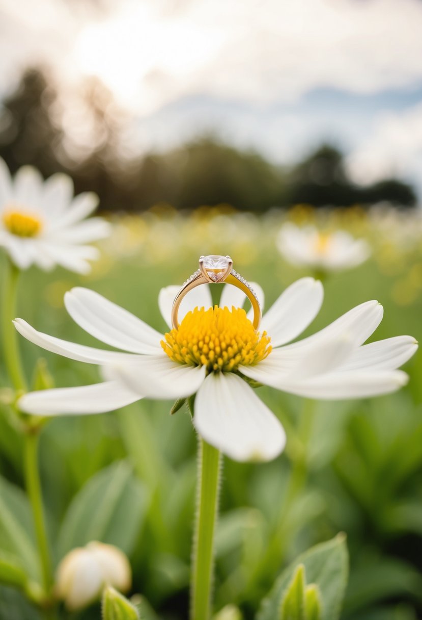 A wedding ring balanced on a blooming flower, captured from a low angle with soft lighting