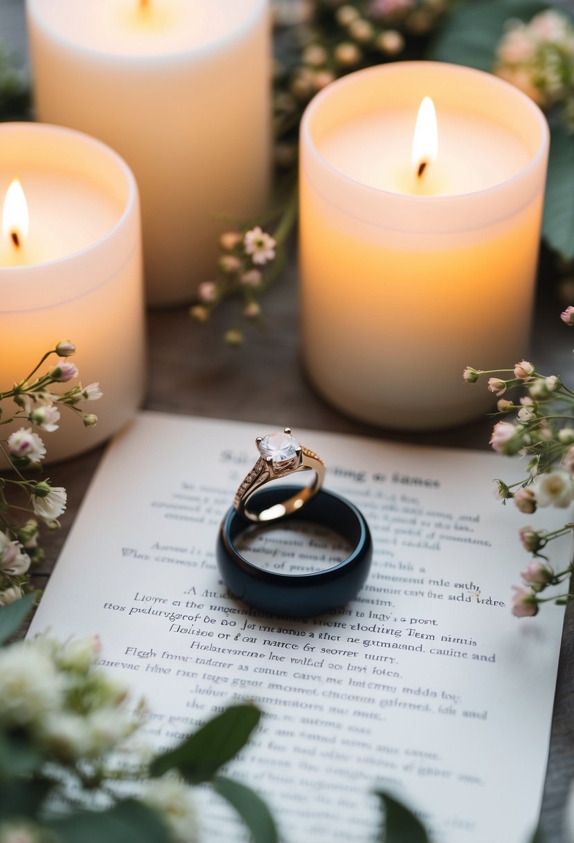 A pair of elegant wedding rings rest atop a printed poem, surrounded by delicate floral arrangements and softly glowing candles