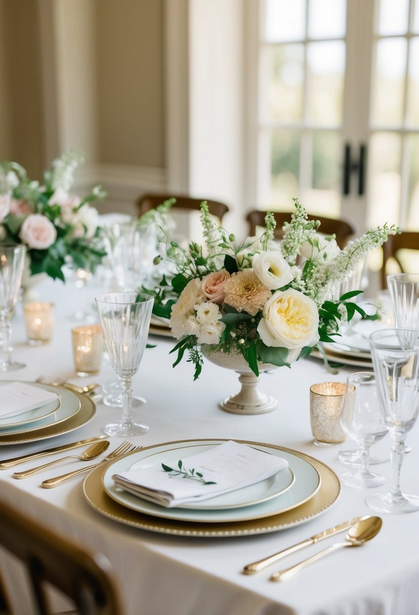 A table set with elegant place settings, adorned with delicate floral centerpieces and sparkling glassware