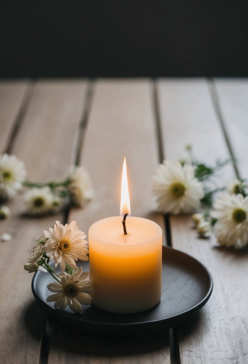 A solitary candle burning on a simple wooden table, surrounded by delicate white flowers and soft, muted lighting