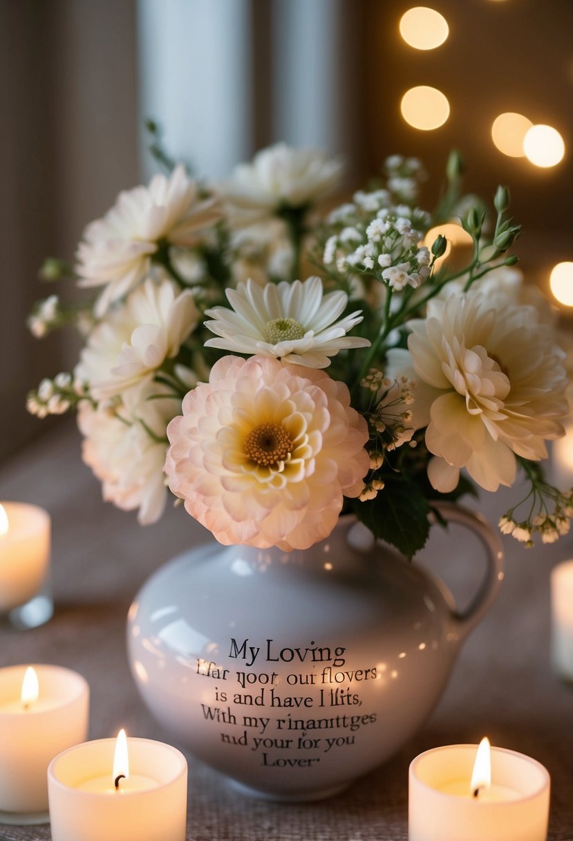 A delicate vase of flowers with a loving message engraved on the surface, surrounded by soft candlelight and a romantic ambiance