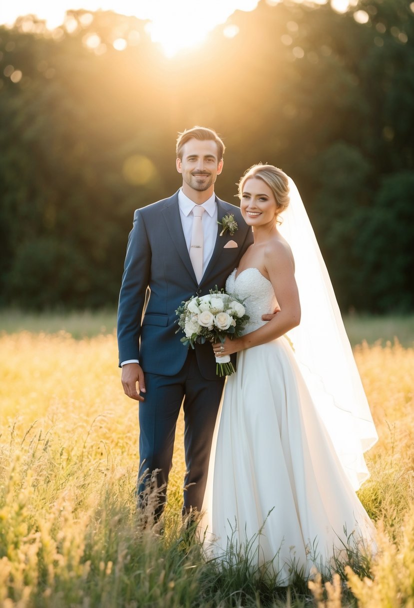 A bride and groom standing in a field, bathed in golden sunlight streaming from behind them