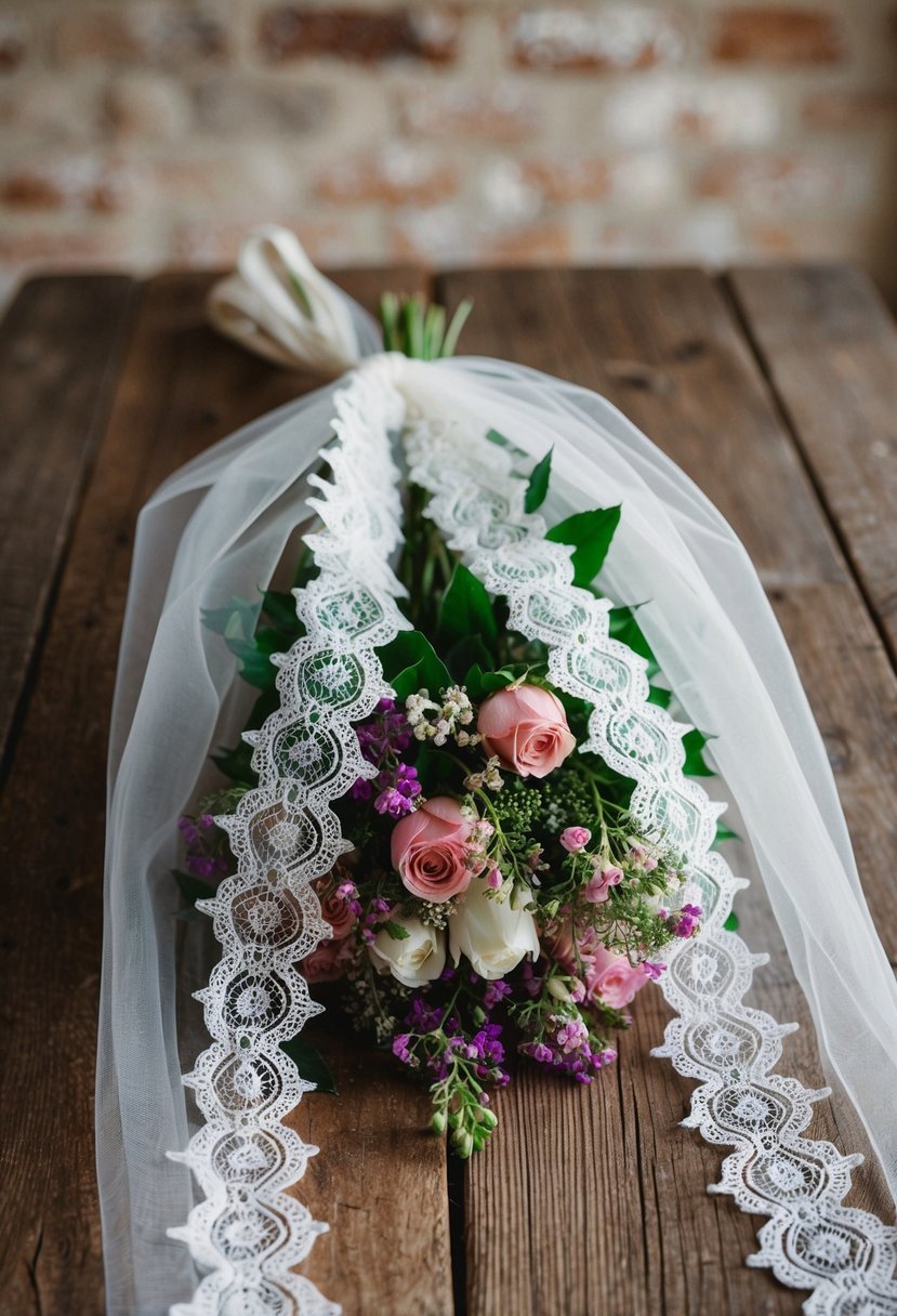 A vintage lace veil draped over a bouquet of flowers on a rustic wooden table