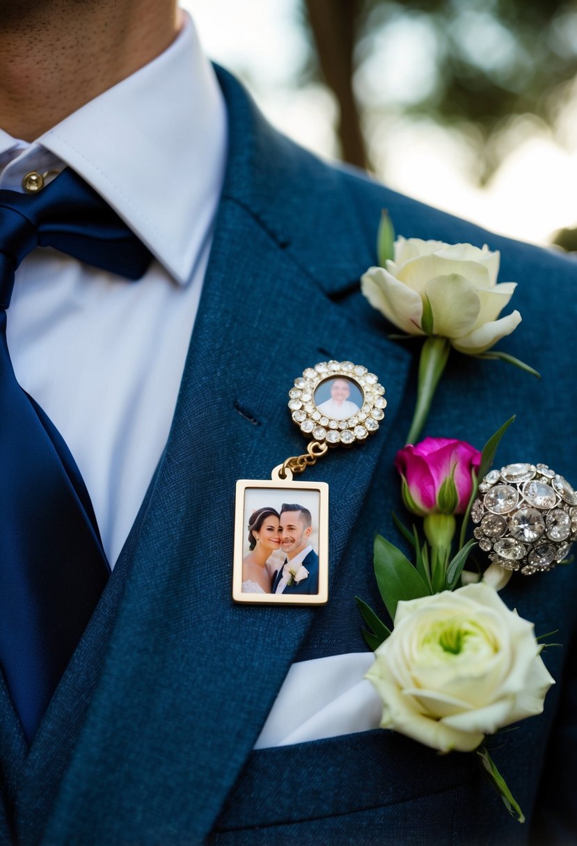 A lapel adorned with a photo charm of a loved one, surrounded by wedding mementos and floral accents