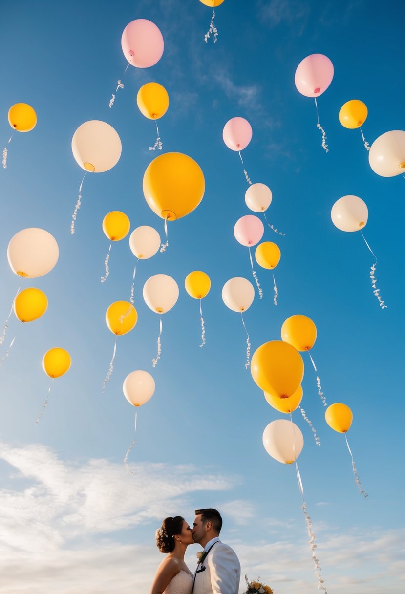 Balloons and lanterns released into the sky at a wedding, symbolizing the memory of loved ones