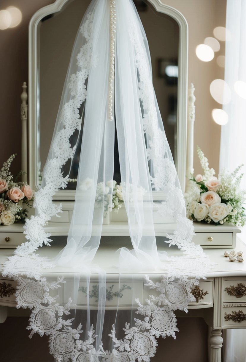 A delicate lace wedding veil cascading over a vintage dressing table adorned with delicate pearls and intricate floral details