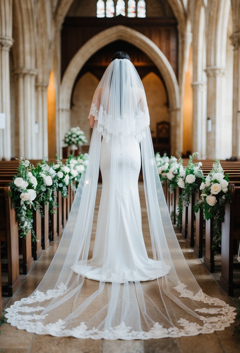 A cathedral wedding veil cascading down the long aisle, contrasting with a shorter chapel veil fluttering in the breeze