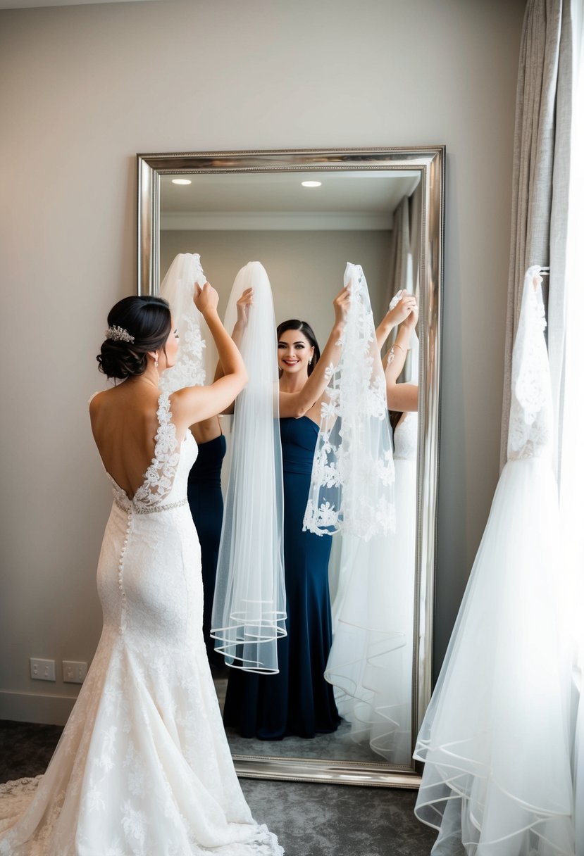 A bride stands in front of a full-length mirror, holding up different styles of veils to match her wedding dress