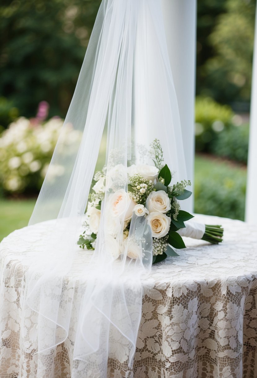 A delicate tulle veil drapes over a bridal bouquet on a lace-covered table