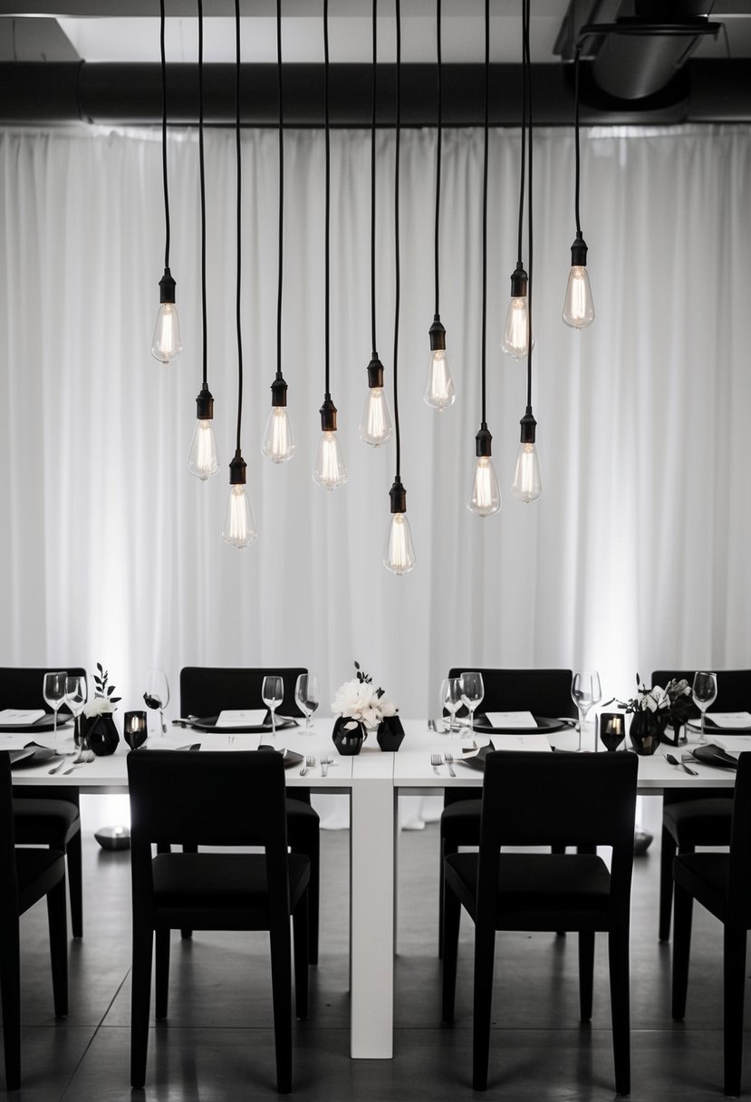 A sleek, minimalist wedding reception with geometric decor, hanging Edison bulb lights, and a monochrome color scheme