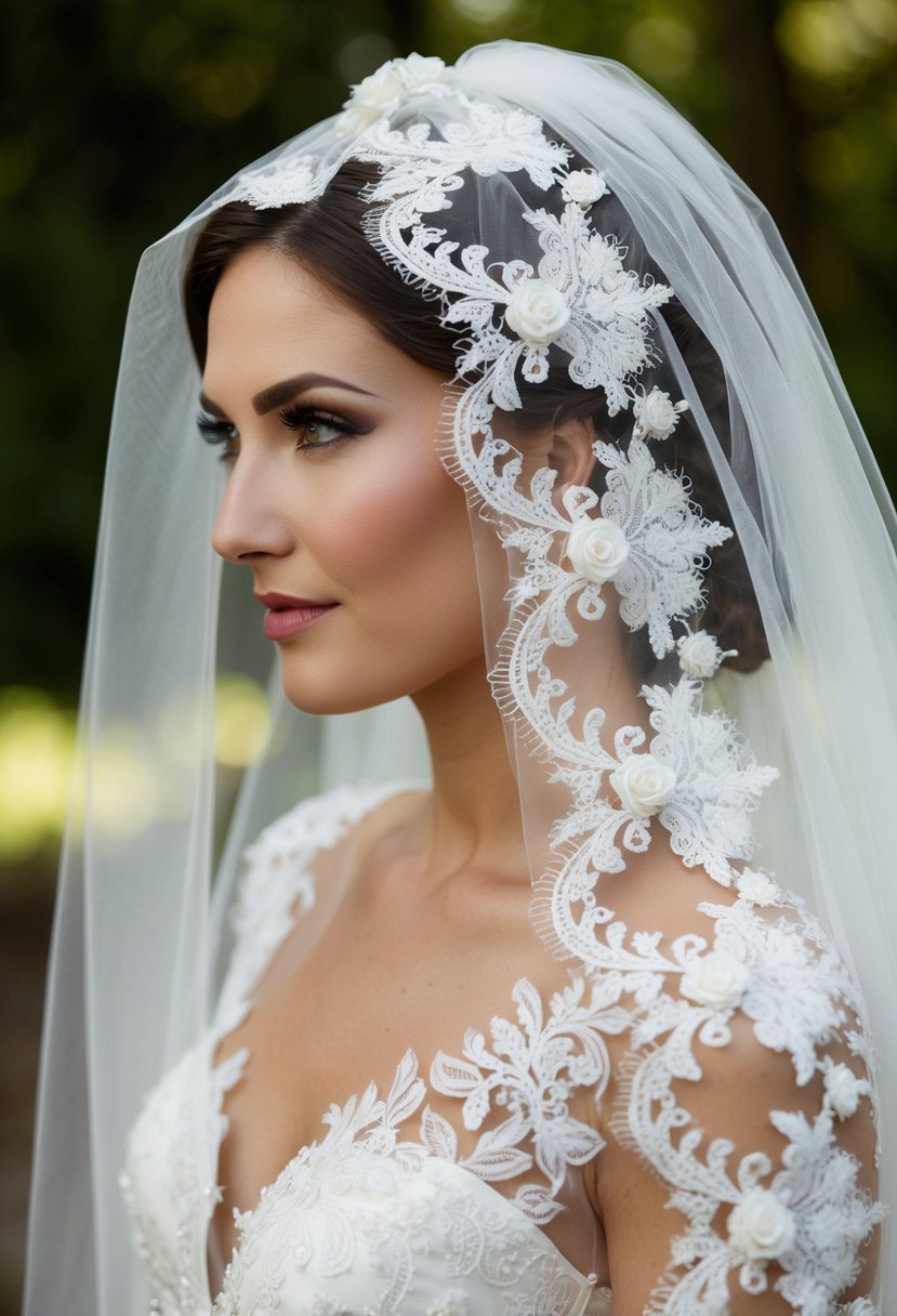 A bride's veil delicately balances intricate lace details with the ornate embellishments of her wedding dress