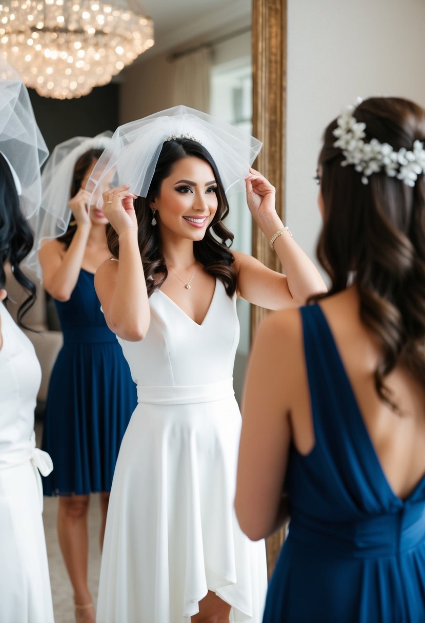 A woman standing in front of a mirror, trying on different hairstyles while holding different wedding veils up to her head to determine the best match