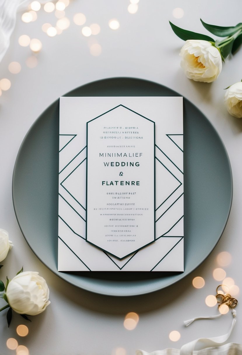 A sleek, minimalist wedding invitation with a geometric pattern and modern design