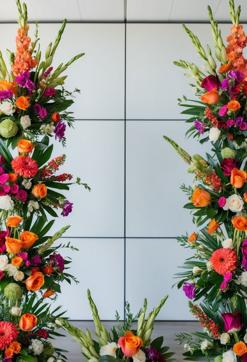 Vibrant, asymmetrical floral arrangements against a clean, modern backdrop