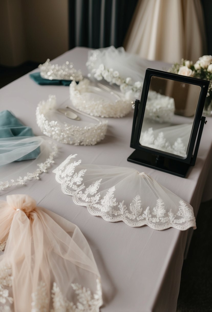 A table with various veils laid out, a mirror nearby for trying on