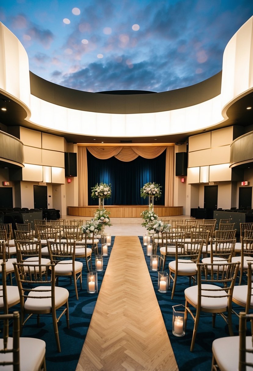 A modern theater transformed into a wedding venue with elegant decor and seating arrangements, ready for a contemporary ceremony