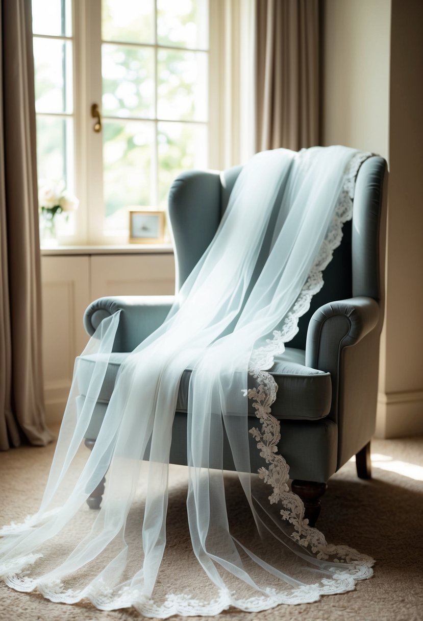 A soft, flowing wedding veil drapes over a plush armchair in a cozy, sunlit room