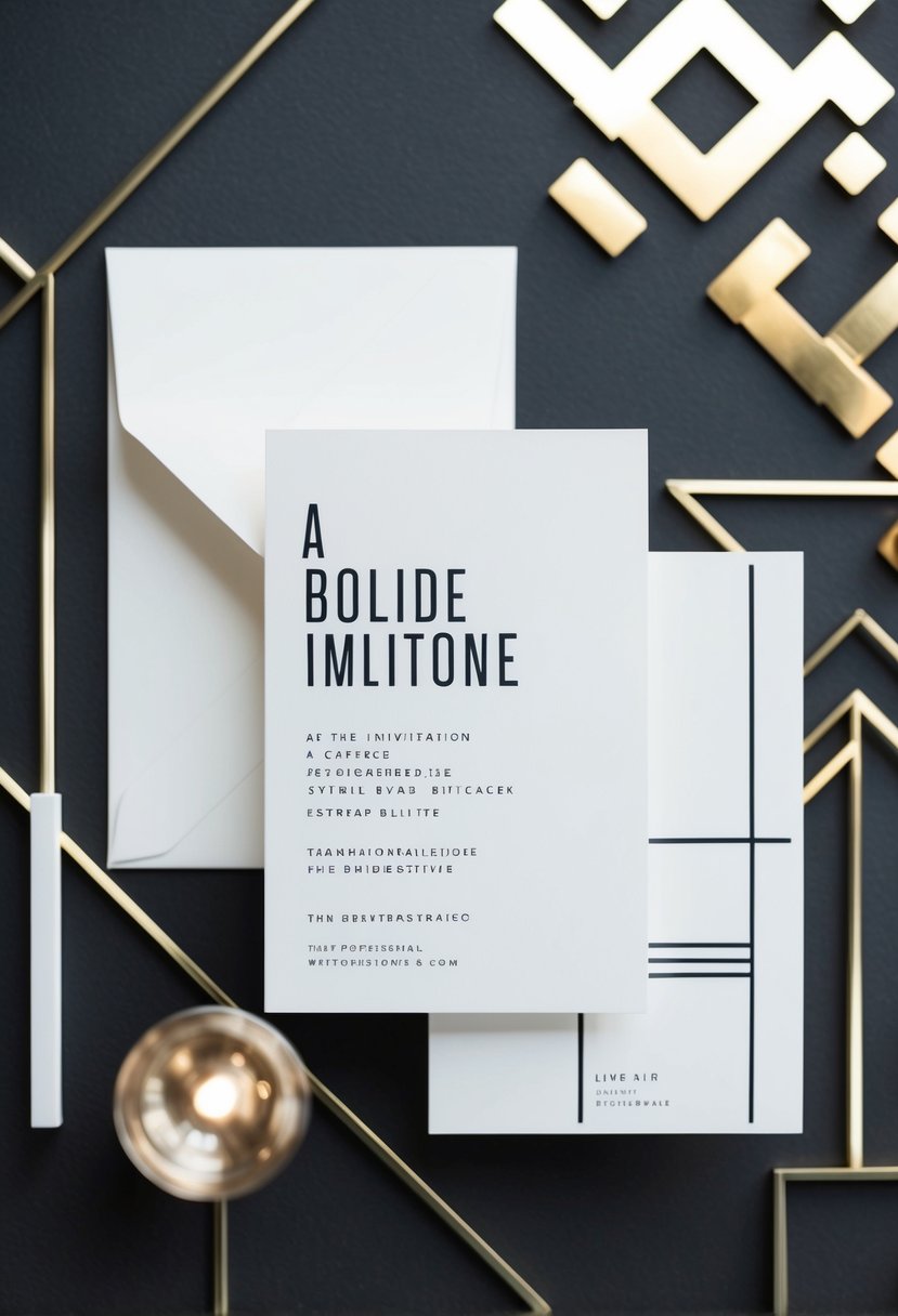 A sleek, minimalist invitation suite with bold lines and modern typography, set against a backdrop of geometric patterns and metallic accents