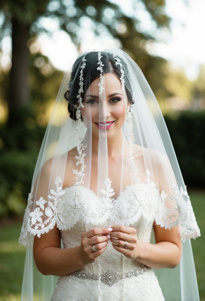 A bride holding a delicate, custom veil with intricate lace and beading, adding a personal touch to her wedding ensemble