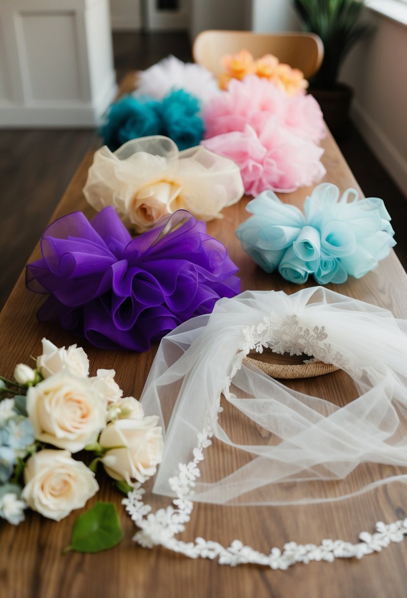 A table scattered with wedding veils in different styles and colors, displayed on Etsy's website