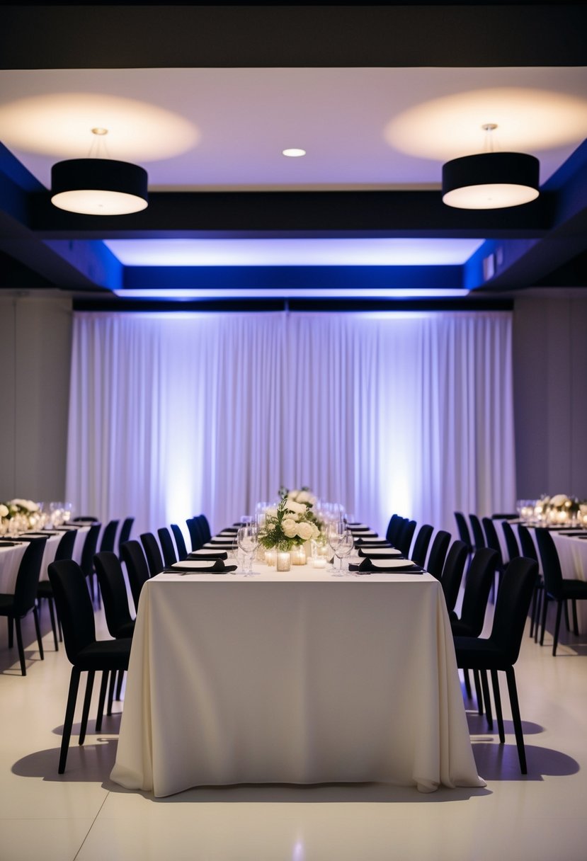 A sleek, minimalist wedding reception with dramatic uplighting casting bold shadows against the modern decor