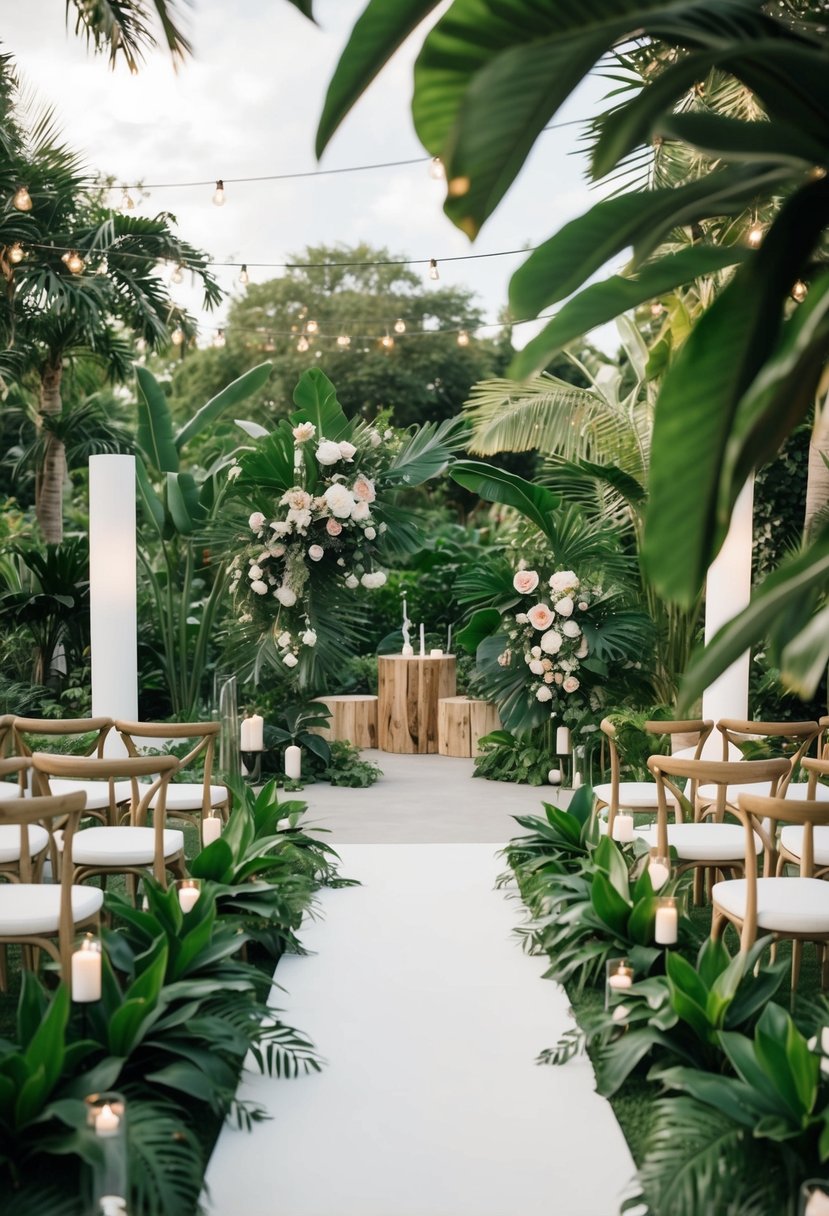 A modern botanical garden wedding with sleek, minimalist decor and lush greenery