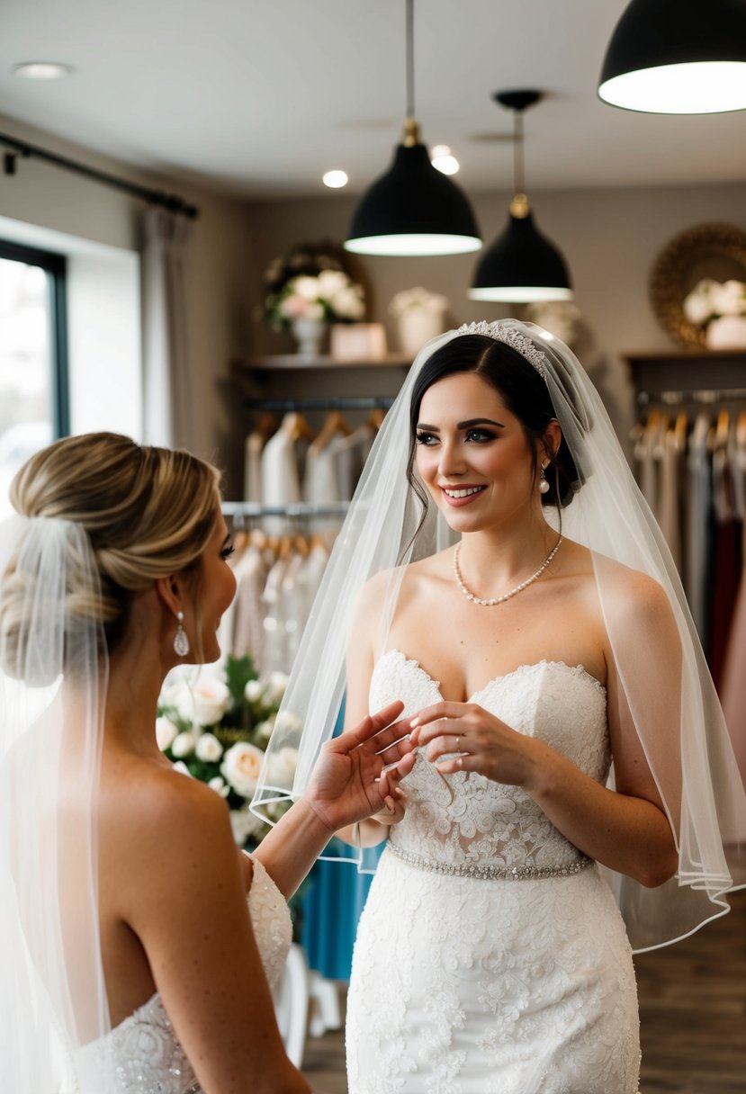 A bride and a stylist discussing veil options at a cozy bridal boutique