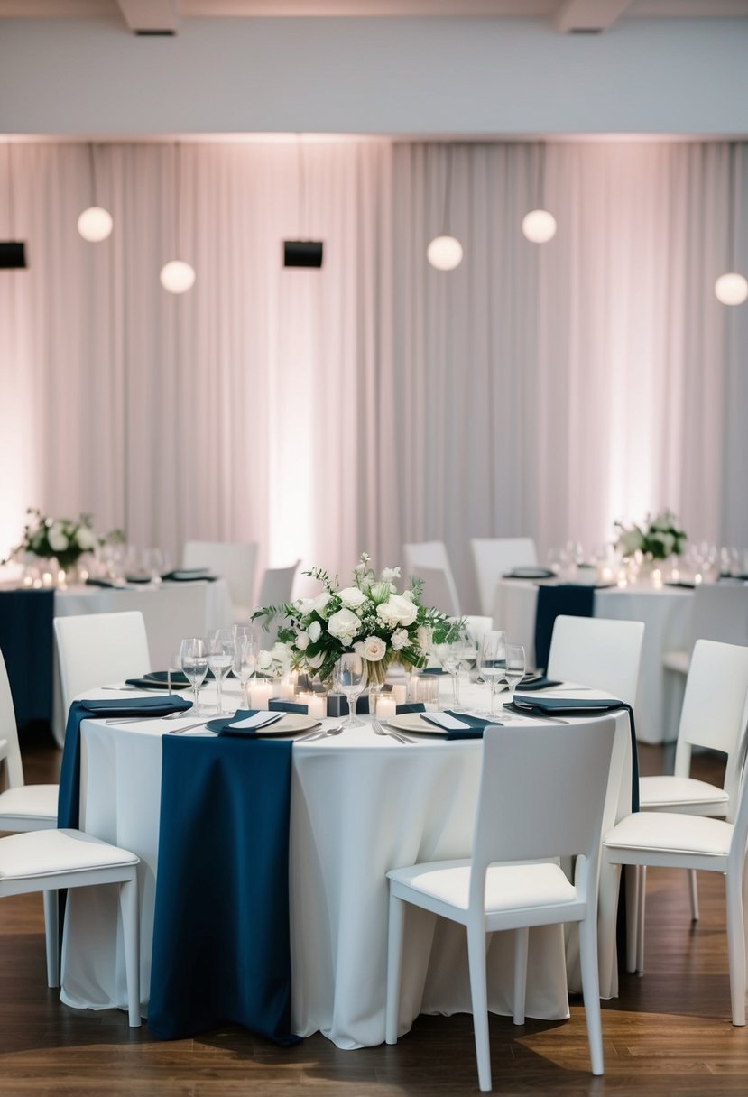 A minimalist, monochromatic wedding reception with sleek furniture and clean, modern decor