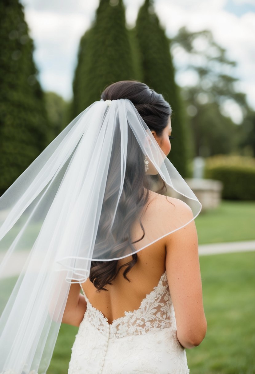 A bride's veil flowing in the breeze at an outdoor wedding venue