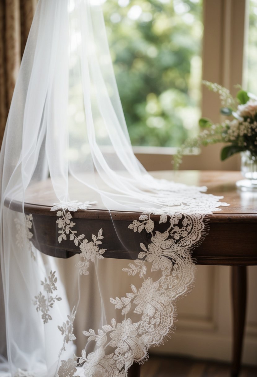 A delicate lace veil draped over a vintage wooden table, with soft natural light filtering through the intricate fabric