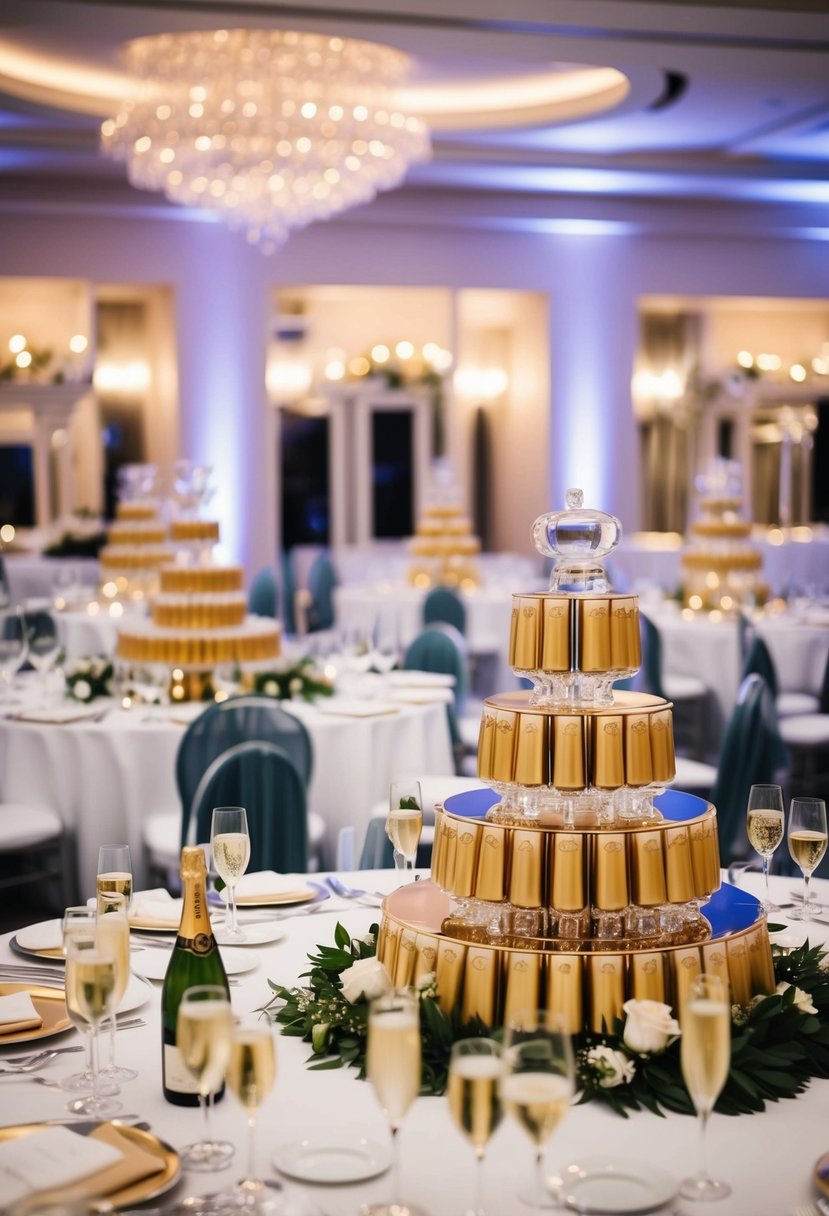 A grand wedding reception with elegant champagne towers and modern decor