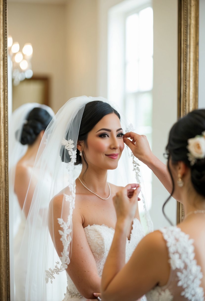 A bride-to-be stands in front of a mirror, delicately adjusting her veil, ensuring it drapes elegantly over her head for the upcoming wedding day