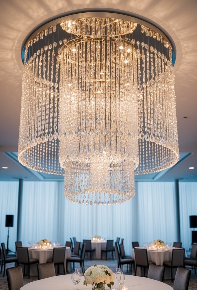 Crystal-draped chandeliers illuminate a sleek, modern wedding reception with minimalist decor and elegant, understated crystal-draped decorations