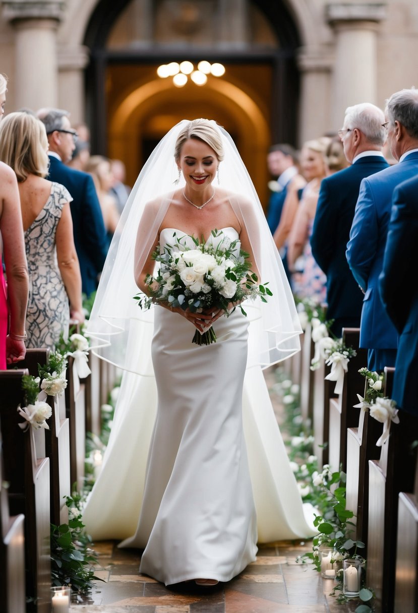 A bride walks down the aisle with a short, flowing veil