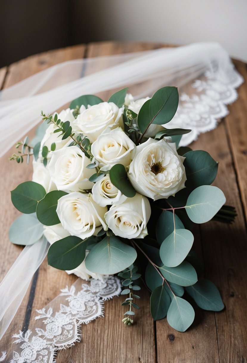 A bride's bouquet of white roses and eucalyptus leaves rests on a rustic wooden table next to a delicate lace veil