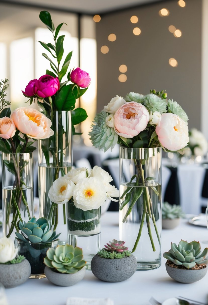 Various flower textures adorn modern wedding decor. Glass vases hold sleek arrangements of roses, peonies, and succulents, creating a contemporary and elegant atmosphere