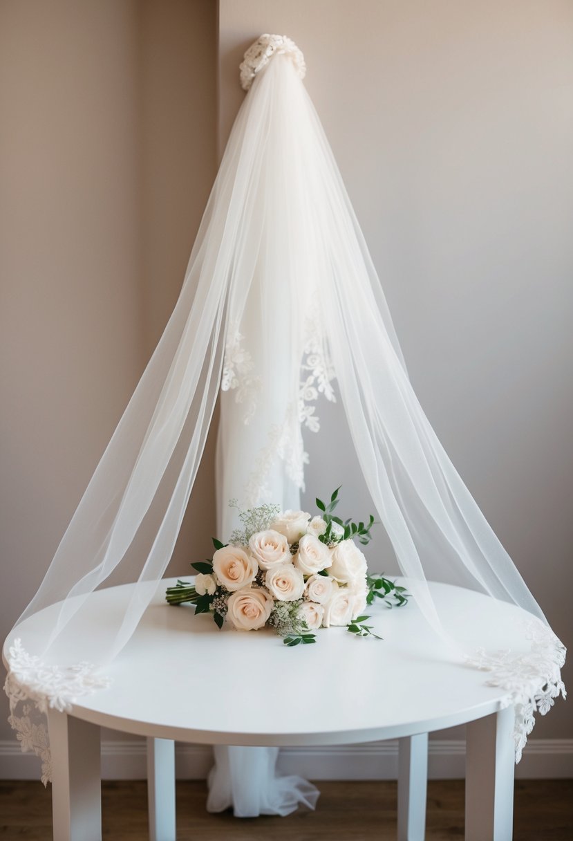 A bridal veil draped over a table with a delicate layer of blusher cascading down