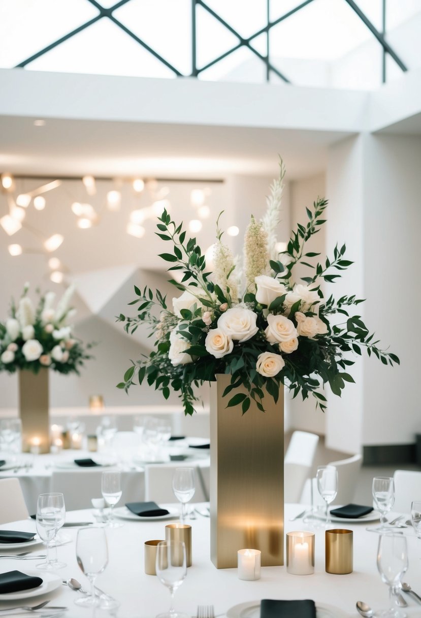 A sleek, minimalist wedding venue with geometric decor, metallic accents, and contemporary floral arrangements