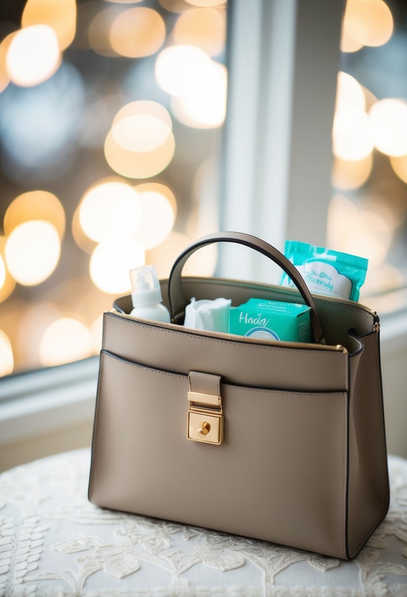 A bride's handbag with extra sanitary products inside