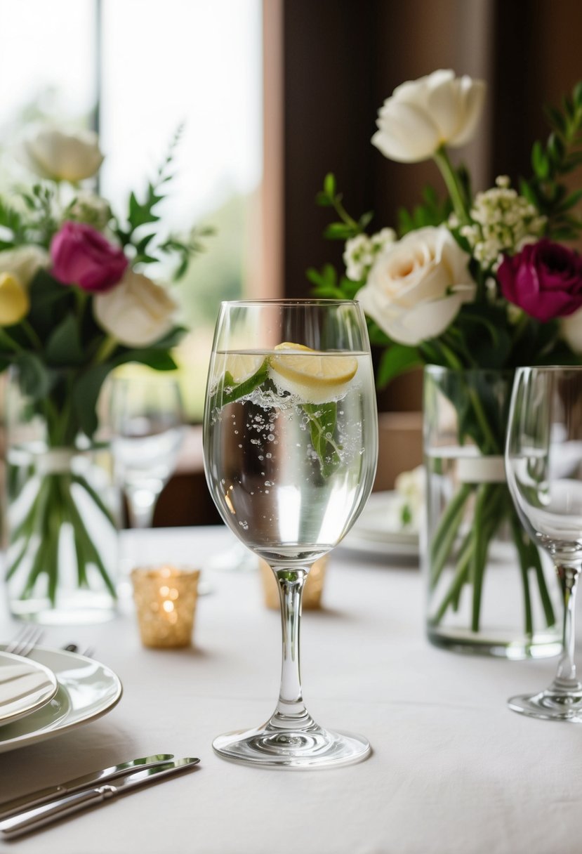 A glass of water surrounded by flowers and wedding accessories on a table