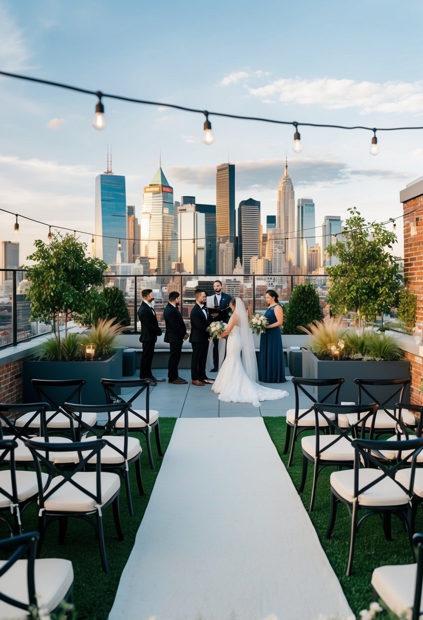 A contemporary wedding ceremony in an urban rooftop garden, with sleek furniture, string lights, and a stunning city skyline as the backdrop