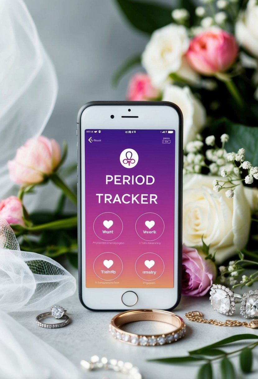 A phone with a period tracker app open, surrounded by wedding day items like a veil, flowers, and jewelry