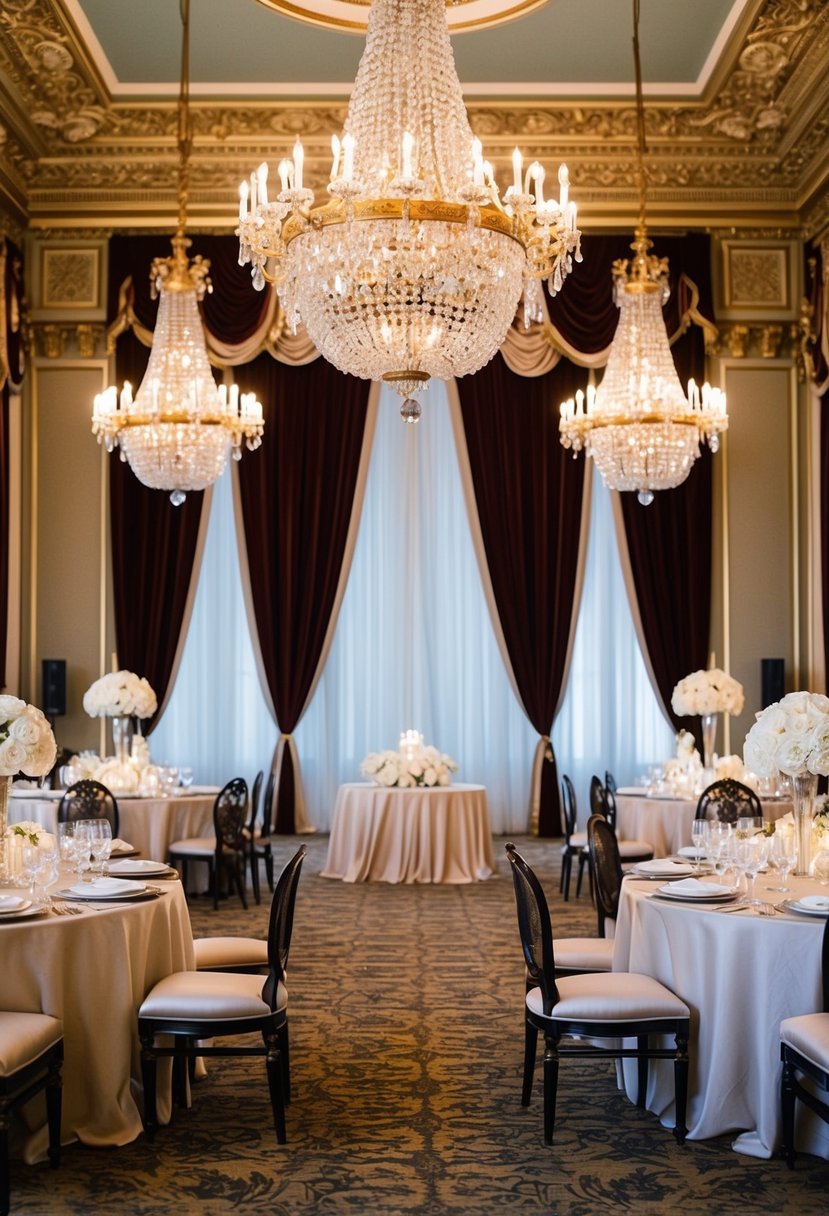 An ornate ballroom with gilded chandeliers, velvet drapes, and antique furniture. Modern touches include sleek white floral arrangements and crystal accents