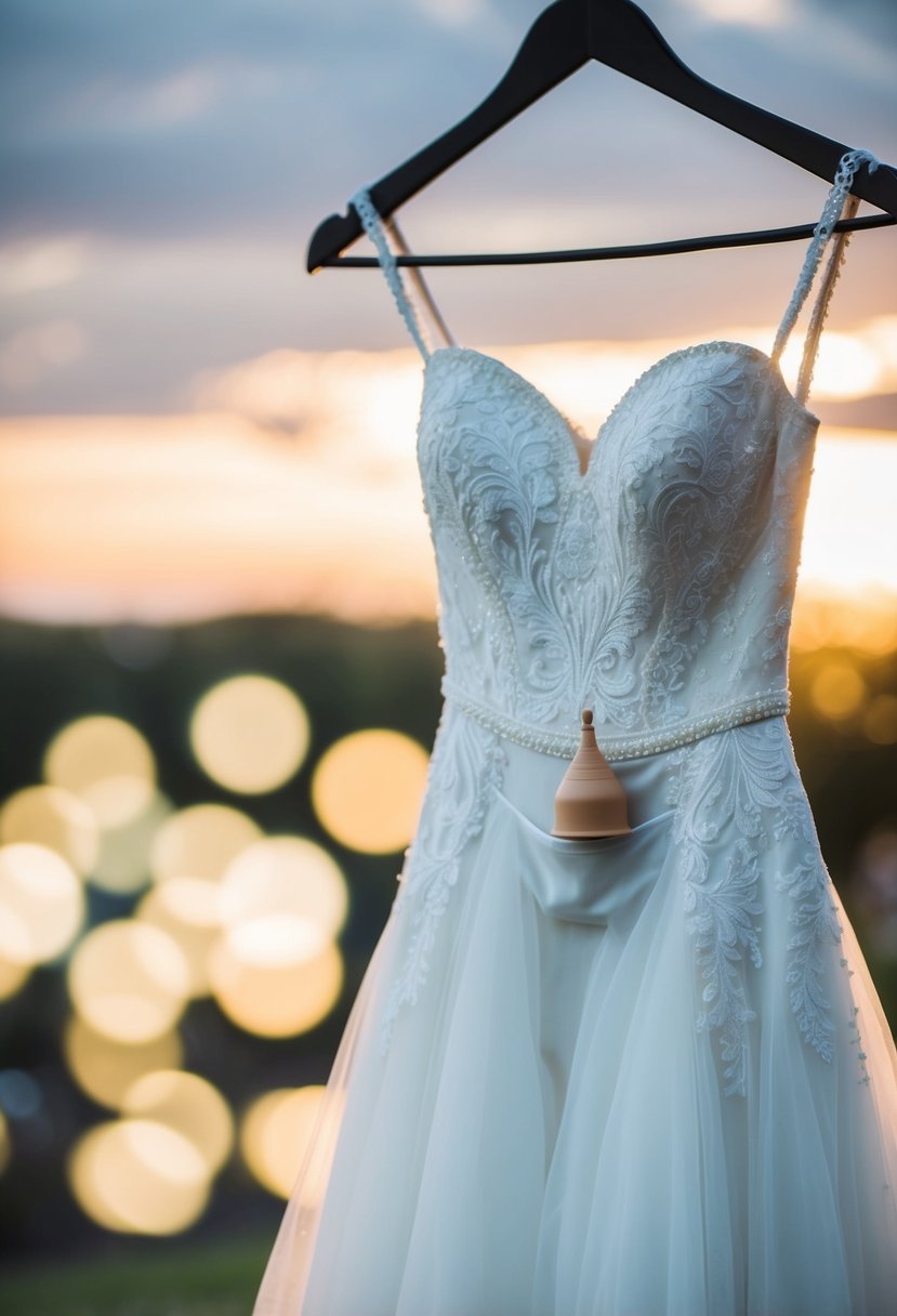 A wedding dress hanging on a hanger, with a menstrual cup discreetly tucked into a small pocket