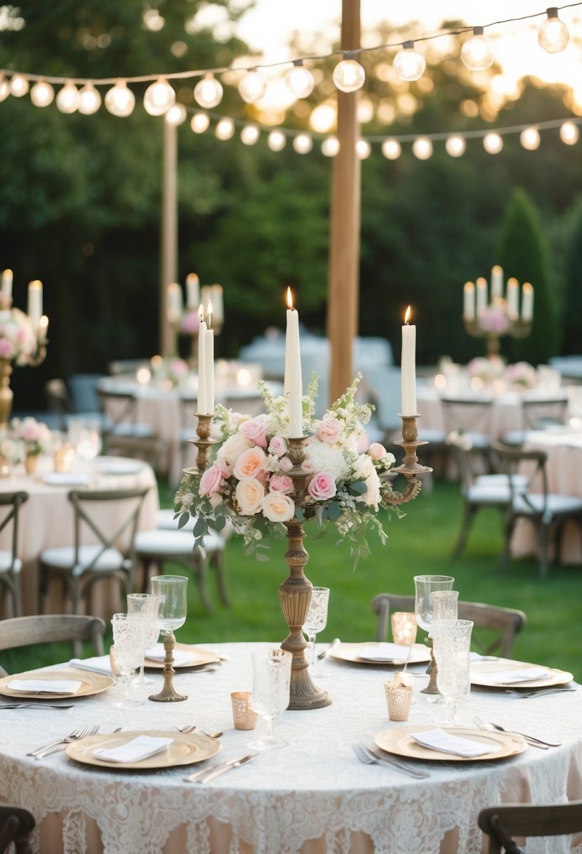 An outdoor wedding reception with vintage-inspired decor, including lace tablecloths, antique candelabras, and pastel floral centerpieces