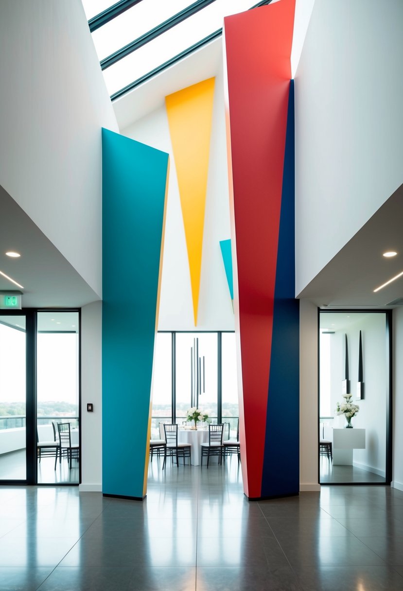 Sharp, angular shapes in bold colors adorn a sleek, minimalist wedding venue.