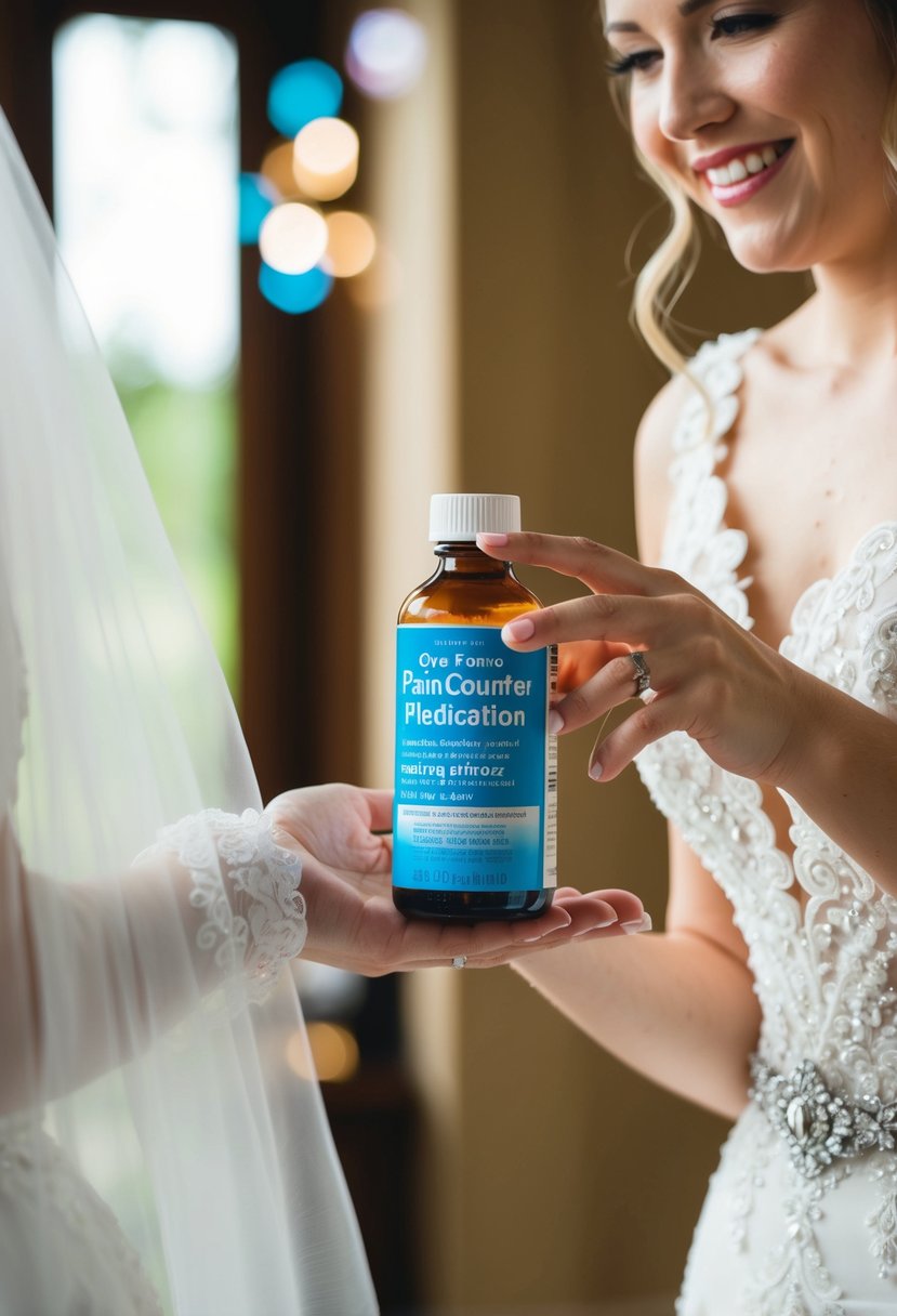 A bride reaching for a bottle of over-the-counter pain medication on her wedding day