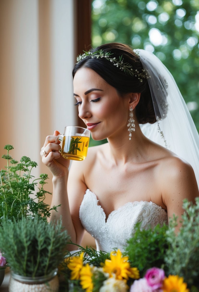 A bride surrounded by calming herbs and flowers, sipping herbal tea, with a serene expression on her face